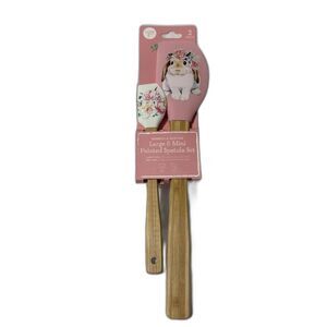 Easter Pink Bamboo Silicon Pointed Spatula 2 pc Set Large and Mini Rabbit Floral